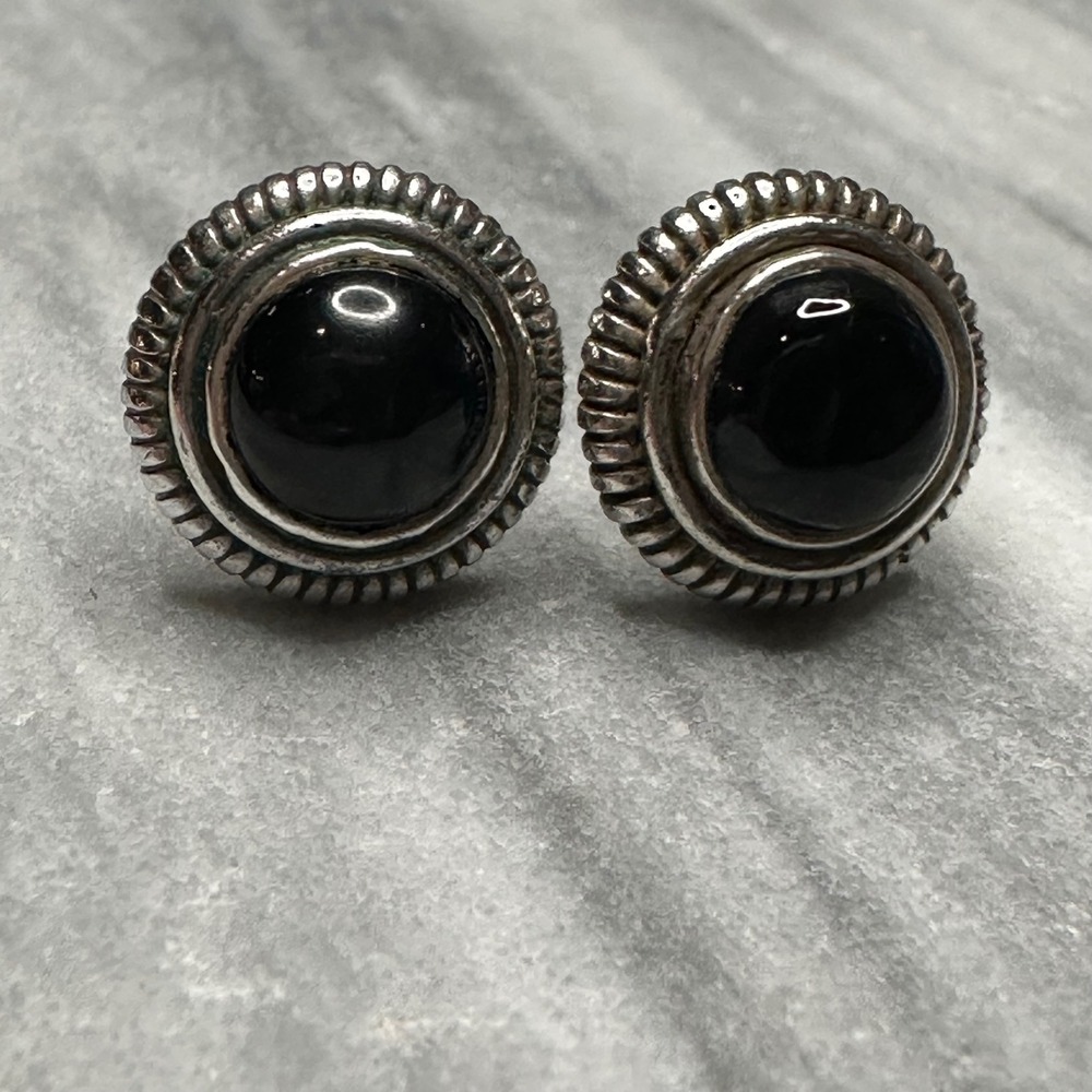 Vintage 925 Sterling Silver Black Onyx Round Ribbed Stud Earrings 3.95g